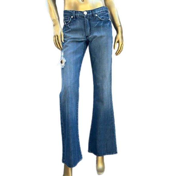 Y2K Vintage BCBGMaxAzria distressed boot/Flare leg low rise Blue Jeans size 28 - Picture 1 of 9